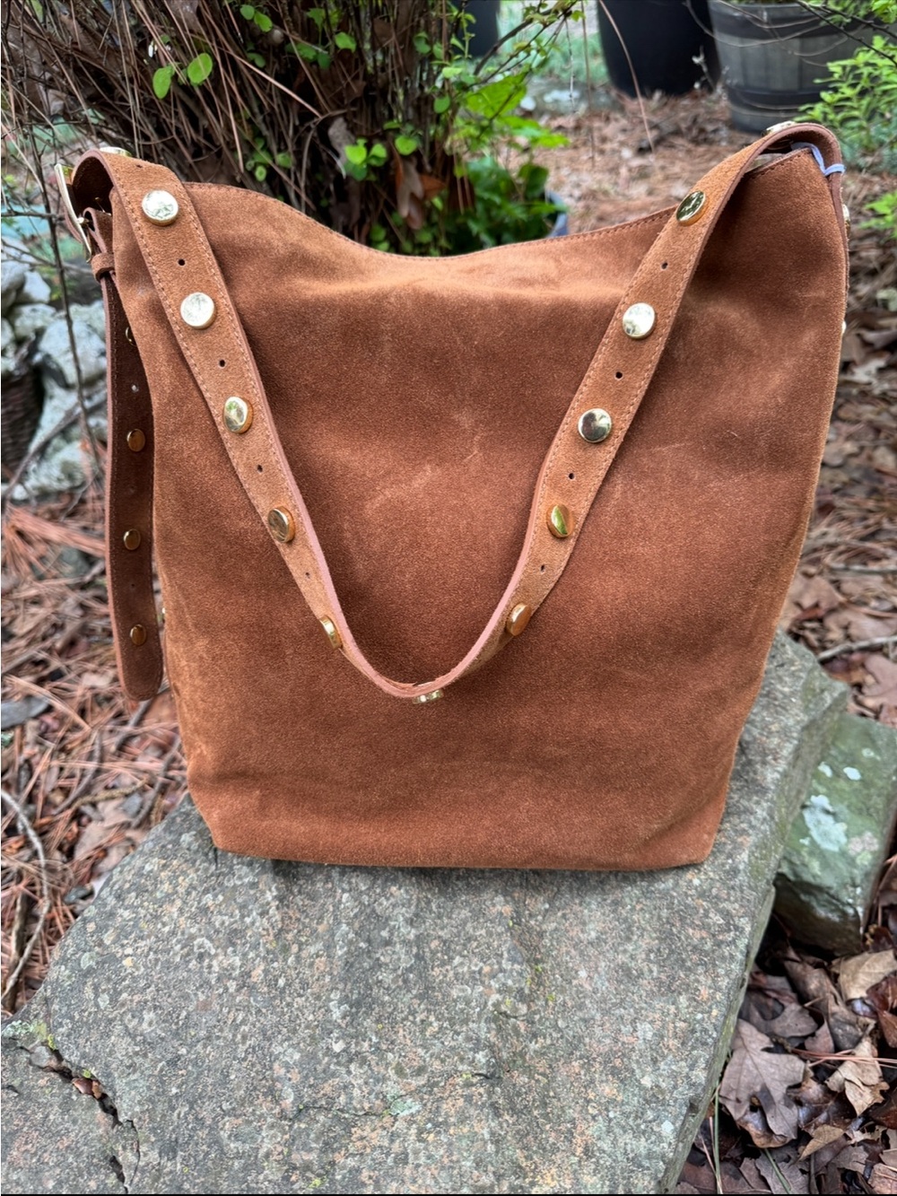 Suede Studded Shoulder Bag in Chestnut Brown